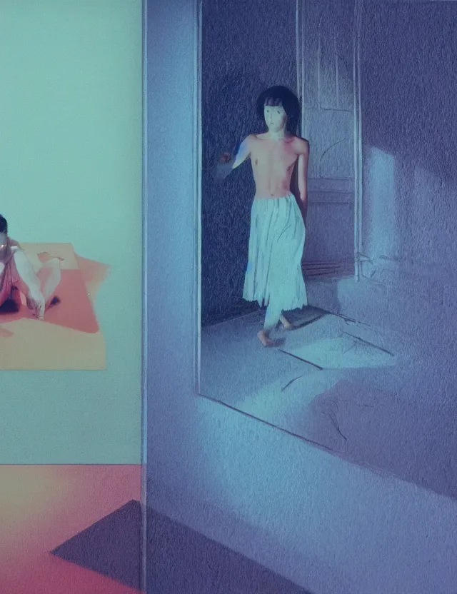 Image similar to boy in dark room praying, blue rays from tv, redshift, colour shift, wide shot, coloured polaroid photograph, pastel, kodak film, hyper real, stunning moody cinematography, by maripol, fallen angels by wong kar - wai, style of suspiria and neon demon, david hockney, detailed, oil on canvas