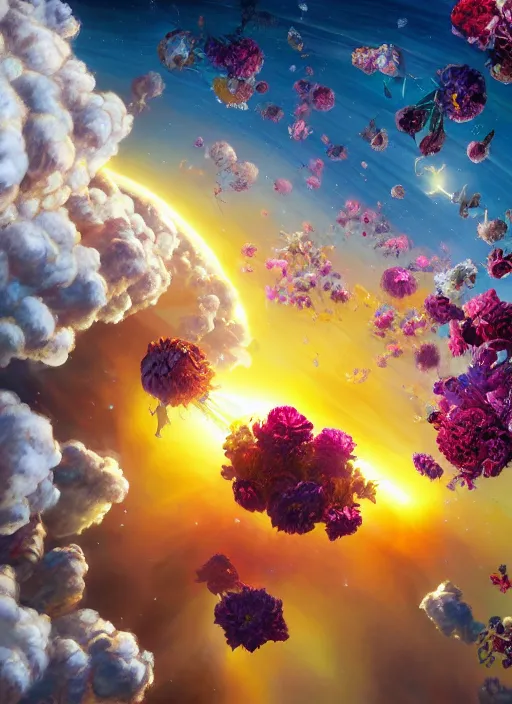 Image similar to An epic fantastic realism comic book style painting of the most beautiful flowers launched into space, bouquets, nearby star, fisheye lens, unreal 5, DAZ, hyperrealistic, octane render, dynamic lighting