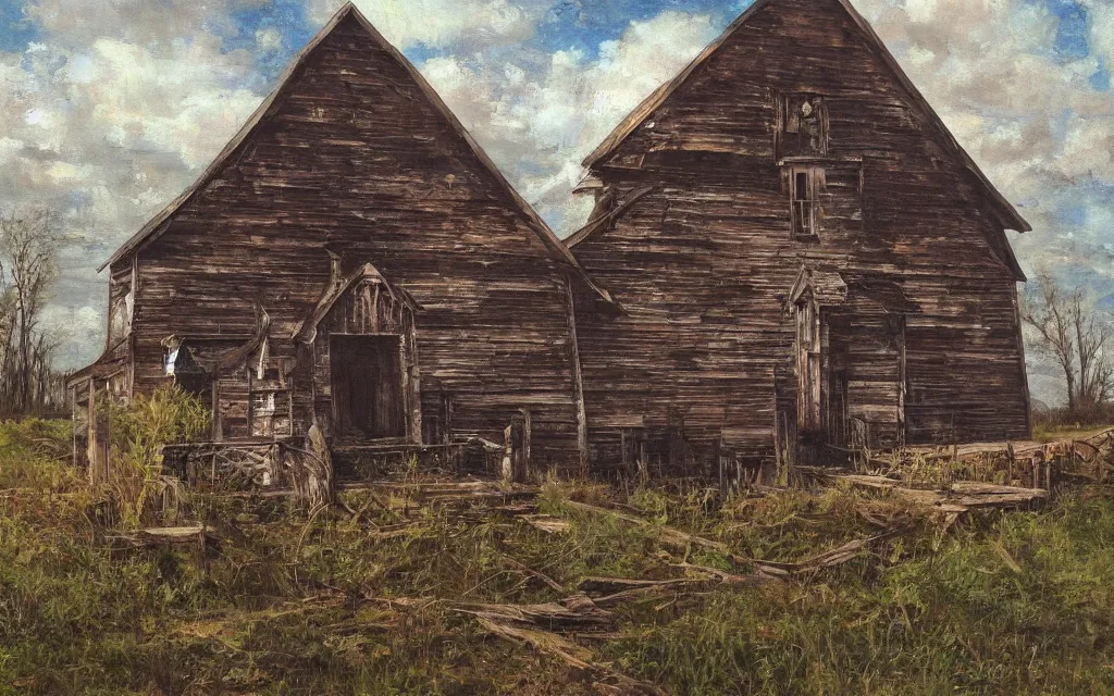 Image similar to an old wooden church rotting away in the bayou, realistic, oil painting, dynamic composition, ultra detailed