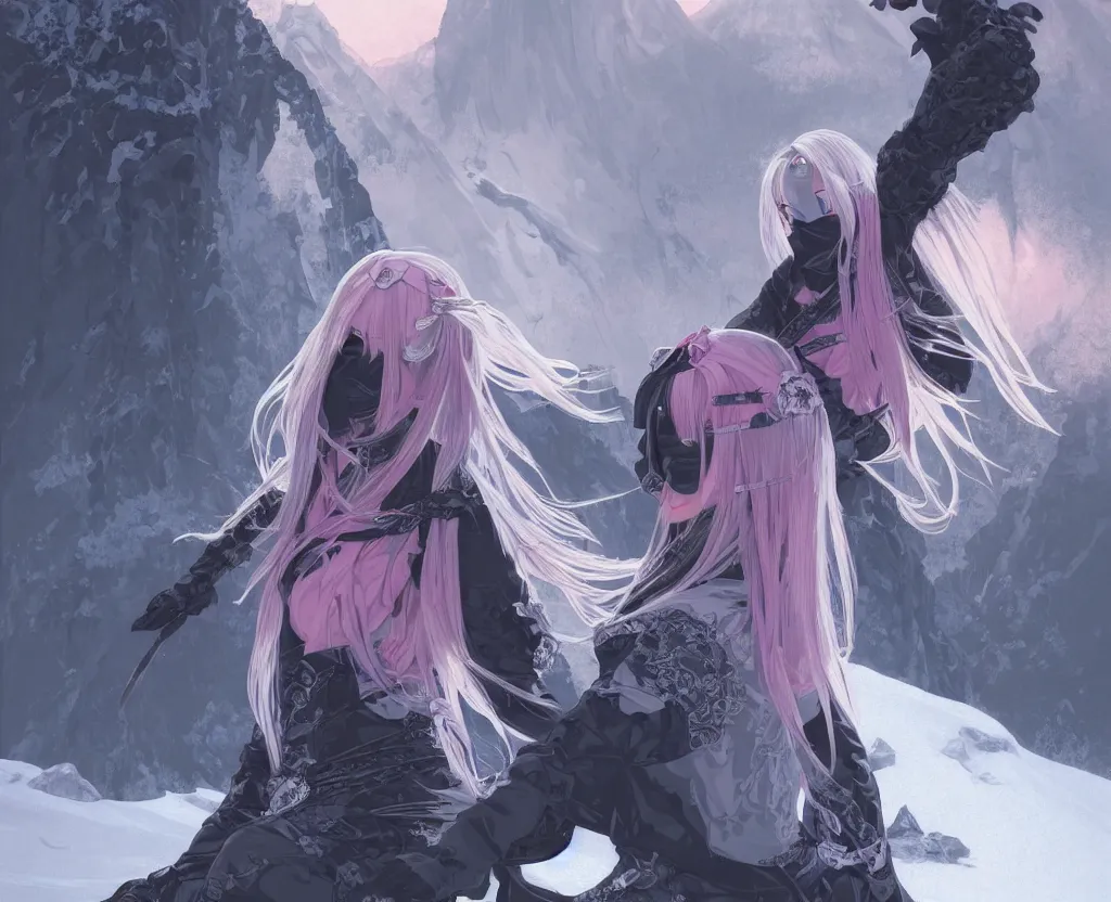 Image similar to portrait grey hair ninja gaiden girl, black plus little pink ninja wardrobe, at snowy fuji mountain sunrise, ssci - fi and fantasy, intricate and very very beautiful, detailed, digital painting, artstation, concept art, smooth and sharp focus, illustration, art by tian zi and wlop and alphonse mucha