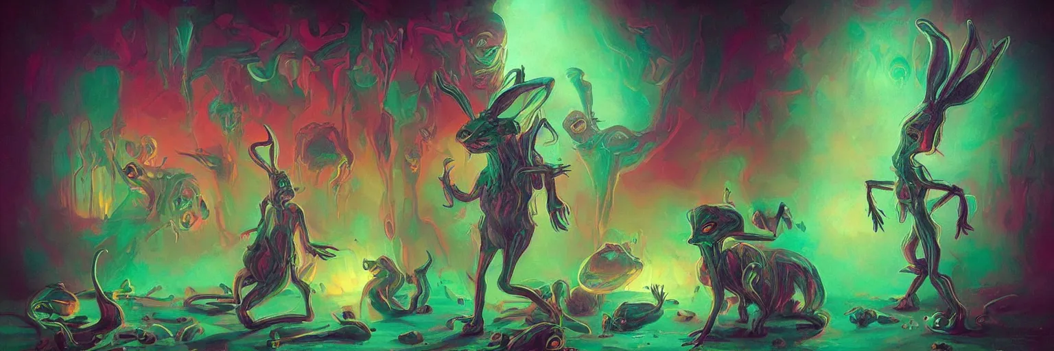 Image similar to strange alien bunny creatures from the depths of the collective unconscious, dramatic lighting, surreal darkly colorful painting by ronny khalil