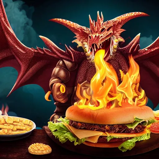 Prompt: dragon blowing fire from mouth surrounded by cheeseburgers, highly detailed, movie still