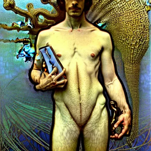 Image similar to realistic extremely detailed portrait painting of. an average. man with his. briefcase .in his. left hand . by Jean Delville, Amano, Yves Tanguy, Alphonse Mucha, Ernst Haeckel, Edward Robert Hughes, Roger Dean, pale muted pastel moody colors, gold eyes