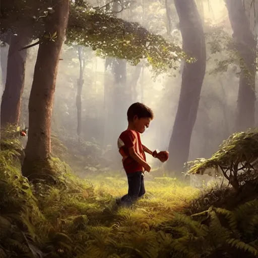 Prompt: incredible And fantastic android boy trying to touch a butterfly in the forest and the animals around him surround him, with a beautiful aura in the atmosphere, hyper realistic with many details, Greg rutkowski, Trending artstation, cinematographic, Octane Renderizado, unreal engine 5, cinema4D