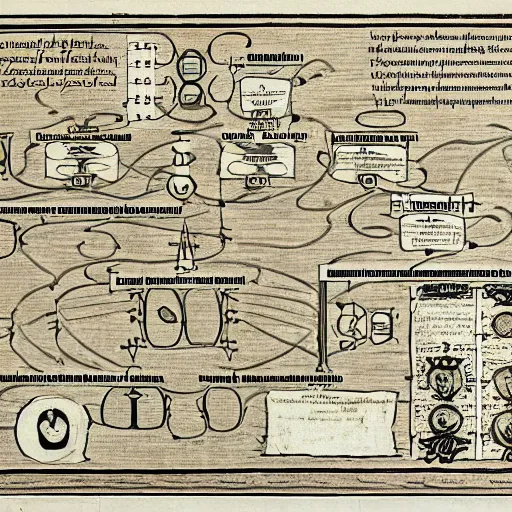 Prompt: incredibly complex design flowchart in a renaissance engraving describing how to become initiated in theurgic and theophanic mysteries, mmorpg gui