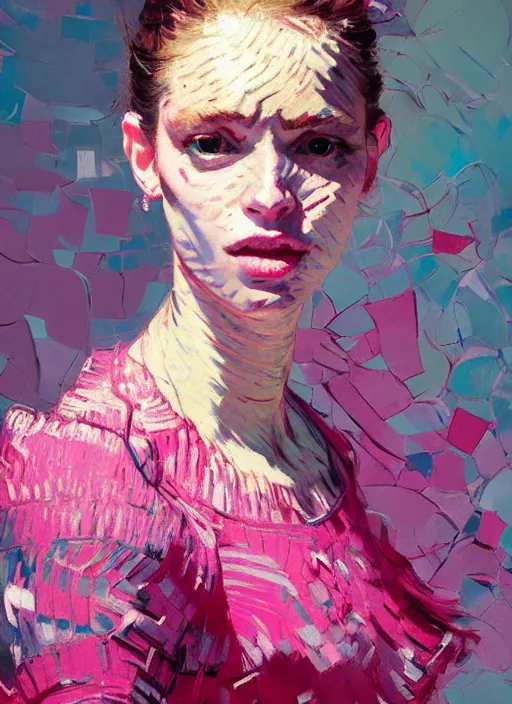 Image similar to portrait of a beautiful girl, happy, eyes closed, open mouth, shades of pink, beautiful face, rule of thirds, intricate outfit, spotlight, by greg rutkowski, by jeremy mann, by francoise nielly, by van gogh, digital painting