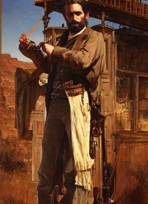 Image similar to Old west resurrectionist (rdr2, laurie greasley). Iranian orientalist portrait by john william waterhouse and Edwin Longsden Long and Theodore Ralli and Nasreddine Dinet, oil on canvas. Cinematic, hyper realism, realistic proportions, dramatic lighting, high detail 4k