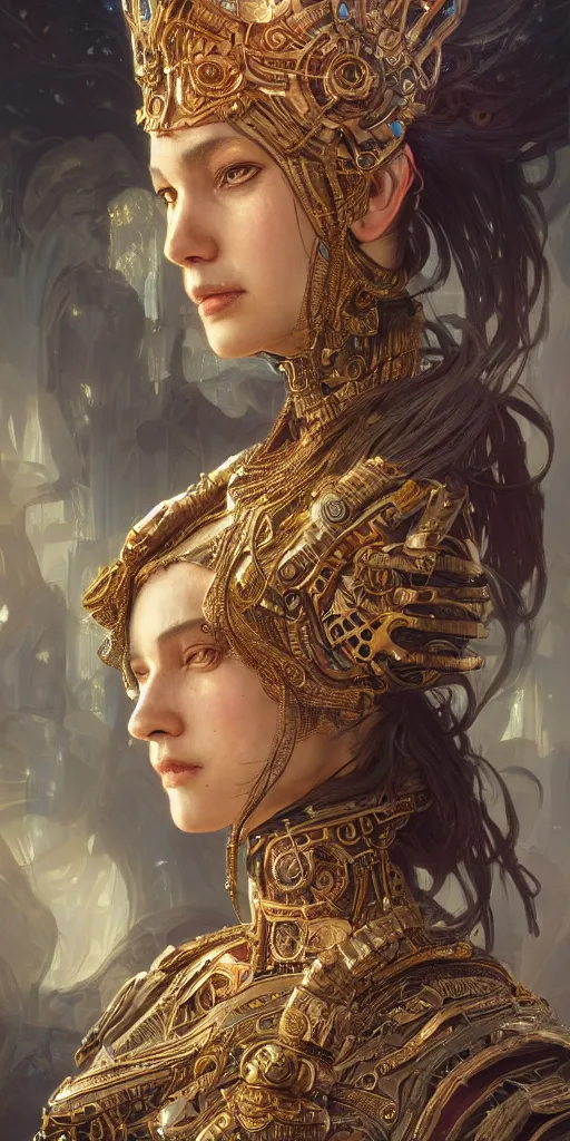 Image similar to HDR portrait photography of The Benevolent Cyborg Queen, ethnic, fantasy, intricate, elegant, highly detailed, digital painting, artstation, HDR photo, smooth, sharp focus, illustration, art by artgerm and greg rutkowski and alphonse mucha