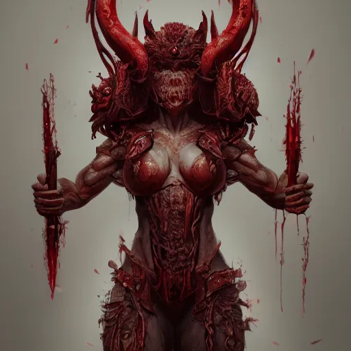 Image similar to blood for the blood god, au naturel, hyper detailed, digital art, trending in artstation, cinematic lighting, studio quality, smooth render, unreal engine 5 rendered, octane rendered, art style by klimt and nixeu and ian sprigger and wlop and krenz cushart