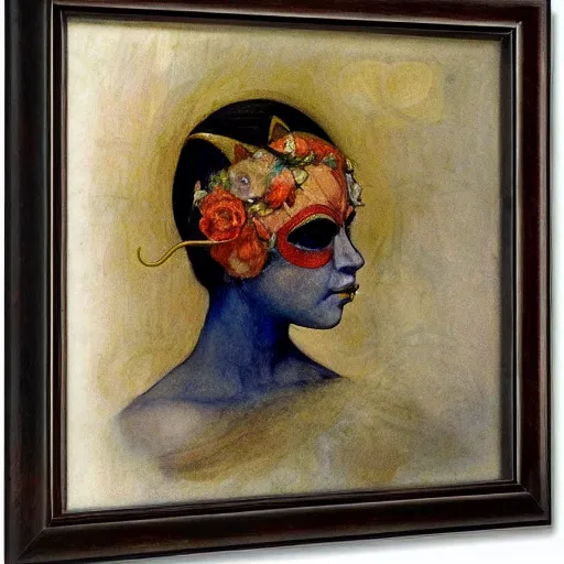 Image similar to the queen in her moth mask, by Annie Swynnerton and Diego Rivera, in profile, symbolist, dramatic lighting, elaborate geometric ornament, Art Brut ,god rays, soft cool colors,smooth, sharp focus, extremely detailed, Adolf Wölfli