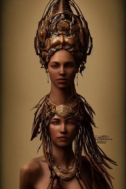 Image similar to a woman wearing a headdress and a necklace, a bronze sculpture by Bastien Lecouffe-Deharme, trending on cgsociety, afrofuturism, zbrush, daz3d, detailed painting