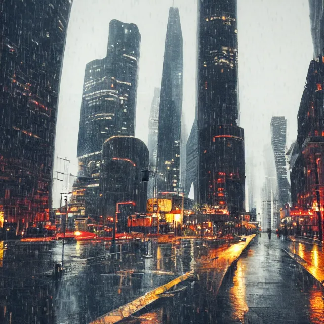 Prompt: photo of a futuristic cityscape in the rain