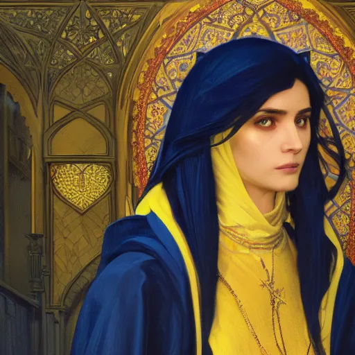 Image similar to portrait of a middle - eastern female cleric with straight black hair wearing blue and yellow vestments inside a temple, fantasy, highly detailed, digital painting, artstation, concept art, character art, art by greg rutkowski and tyler jacobson and alphonse mucha