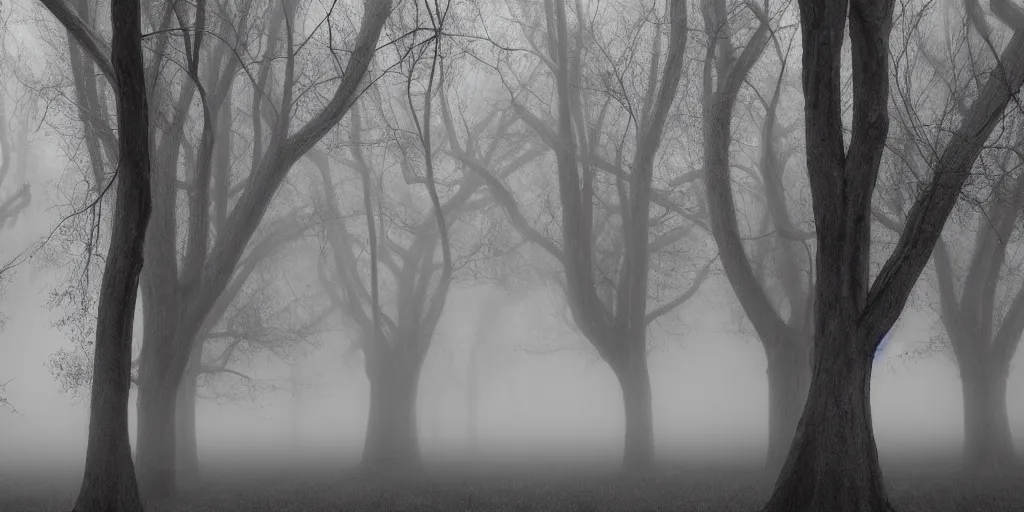 Prompt: dark creepy trees arching grayscale fog