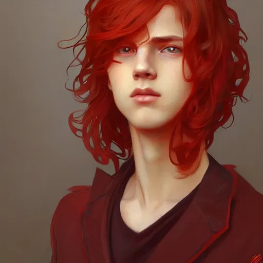 Prompt: teen boy, red hair, intricate, elegant, portrait, highly detailed, digital painting, artstation, concept art, smooth, sharp focus, illustration, art by artgerm and greg rutkowski and alphonse mucha