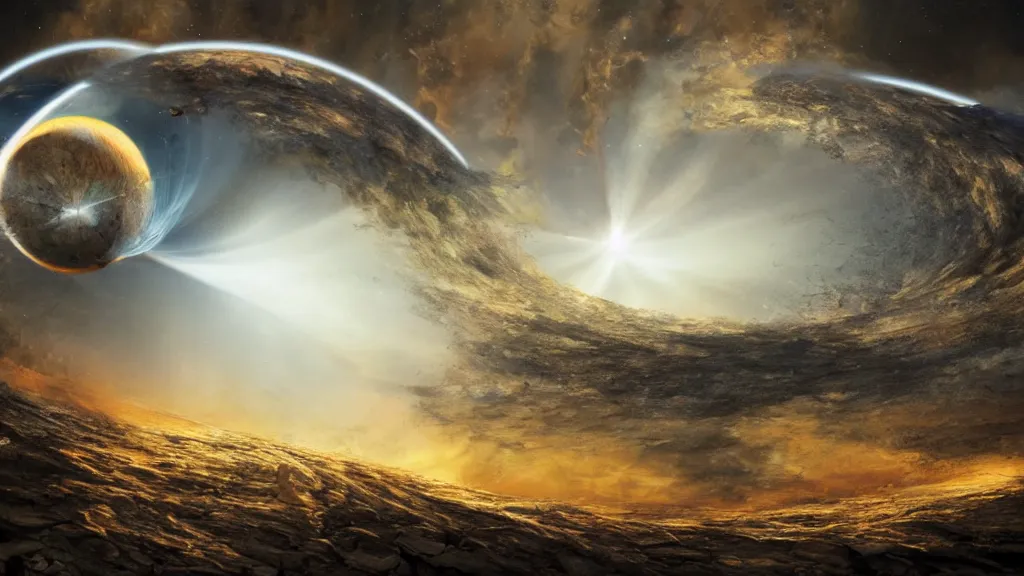 Prompt: The Saturn crashes into the earth, fault, a shock wave, pieces of land, frightening appearance, catastrophic, Breathtaking , the sun's rays through the dust, art by Karcz Michal,