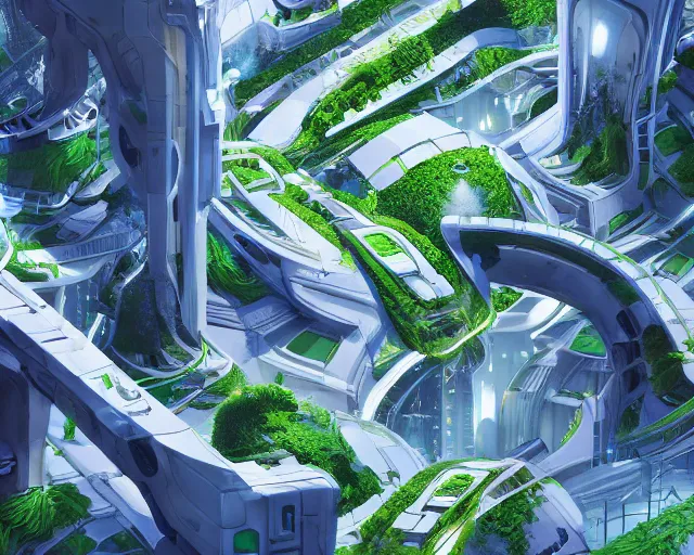 Image similar to A utopian futuristic city with green plants and flowing white buildings, brightly lit by the sun, beautiful lighting, highly detailed digital art, trending on Artstation