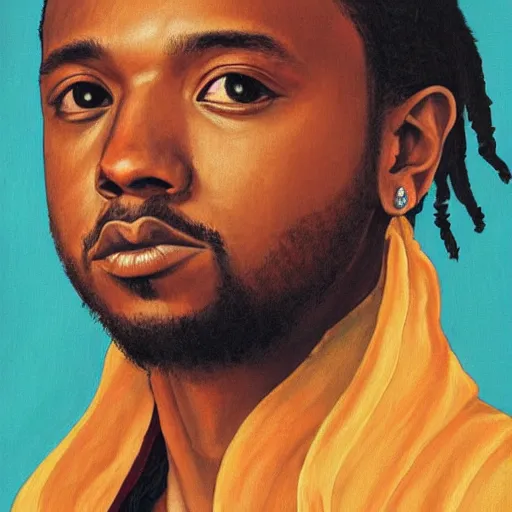 Image similar to a renaissance style portrait painting of kendrick lamar