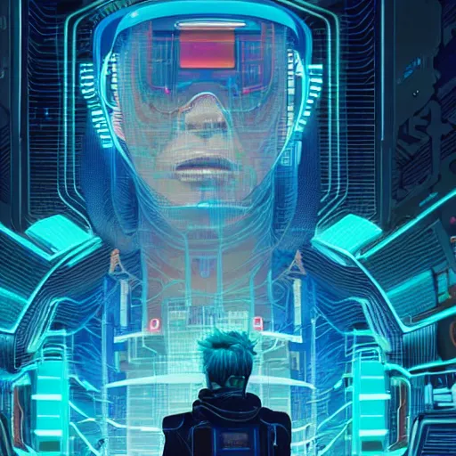 Image similar to a cyberpunk netrunner surrounded by a glowing computer interface, centered in the frame, cyberpunk concept art by Jean Giraud and josan gonzales, digital art, highly detailed, intricate, sci-fi, sharp focus, Trending on Artstation HQ, deviantart, 4K UHD image