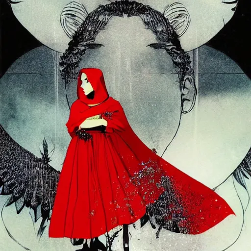 Prompt: portrait of a daydreaming latina woman in a red riding hood monk custome being progressively rasterized into pixels, surrounded by digital birds and a loving robot, by yoji shinkawa, esao andrews and dave mckean