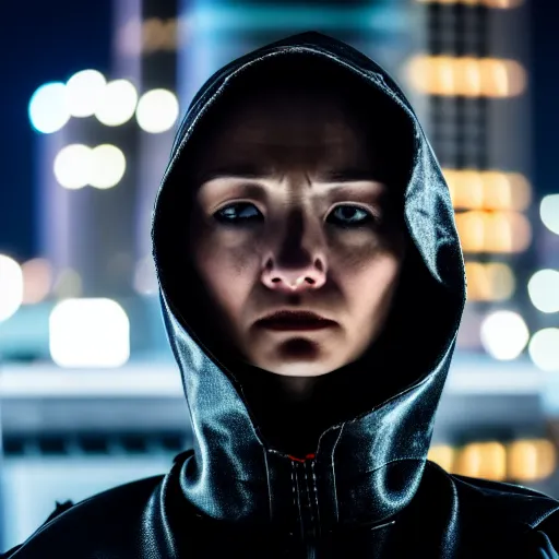 Prompt: photographic portrait of a techwear woman holding a bullet up to the camera, closeup, on the rooftop of a futuristic city at night, sigma 85mm f/1.4, 4k, depth of field, high resolution, full color, award winning photography, inspired by Kill Bill, inspired by John Wick, inspired by Die Hard, movies with guns, movie firearms