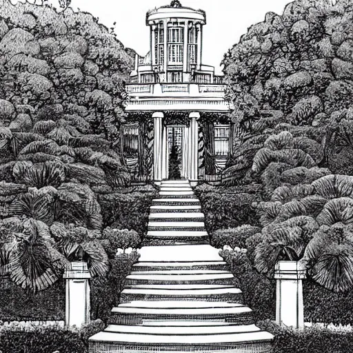 Image similar to old white house stairs into lush garden, drawing moebius