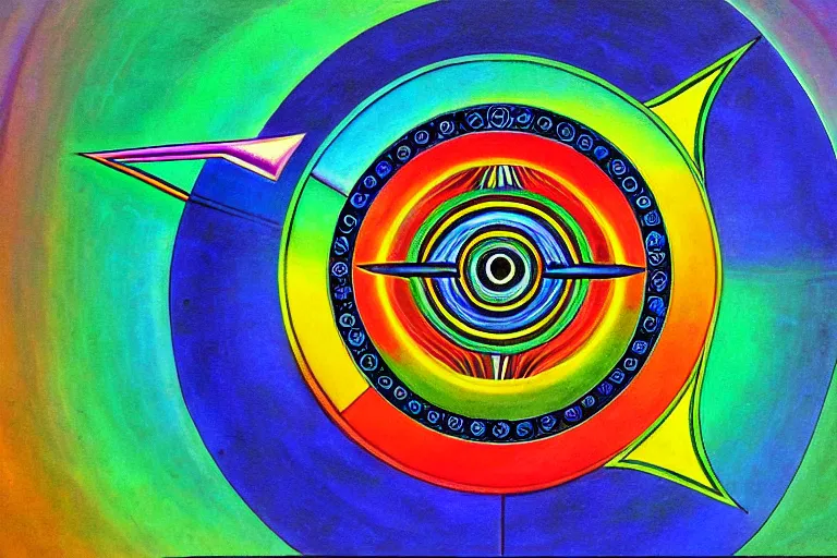 Image similar to painting of rainbow ophanim surrounded by large diagonally rotating rings, ophanim has bird wings, giant eyeball in the middle of the ophanim, by george clark stanton amazing details, mythological, biblical, beautiful composition