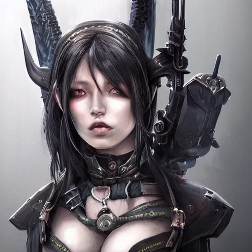 Prompt: portrait of a female dark elf witch by ayami kojima, she is about 2 0 years old, russian, black hair, introvert, she is wearing a modern tactical gear, scifi, highly detailed portrait, digital painting, artstation, concept art, smooth, sharp foccus ilustration, artstation hq