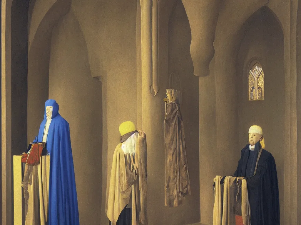 Image similar to Portrait of albino mystic with blue eyes in a mosque. Painting by Jan van Eyck, Audubon, Rene Magritte, Agnes Pelton, Max Ernst, Walton Ford