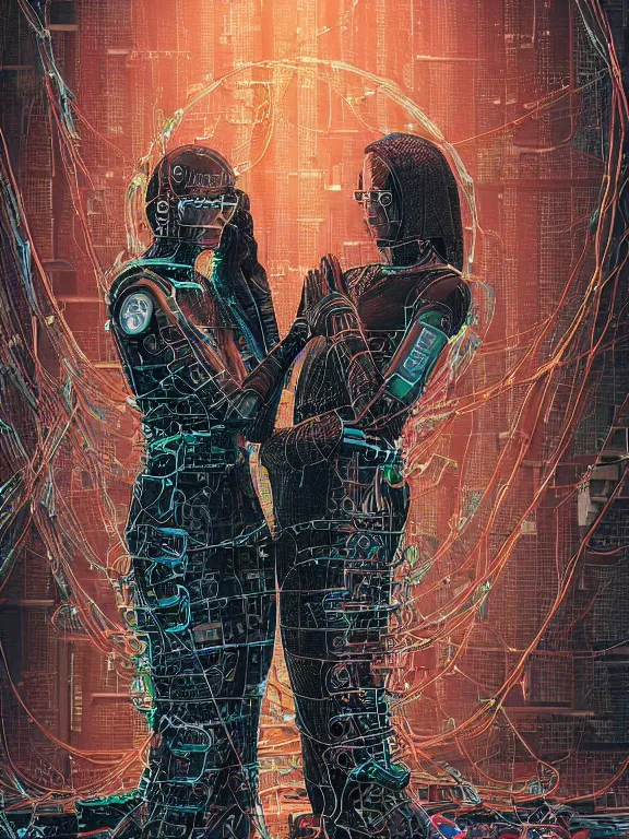 Image similar to a cyberpunk style illustration of two veiled female android queens kneel and pray with lots of complex mess of cables and wires behind them connected to giant computer,bowknot, fine lace, GUCCI, glittering, jewel embellishment, film lighting, by shibashake,Cedric Peyravernay,marie spartali Stillman,William Morris,Dan Mumford, trending on atrstation, full of color, mythological, high detailed,golden ratio,cinematic lighting