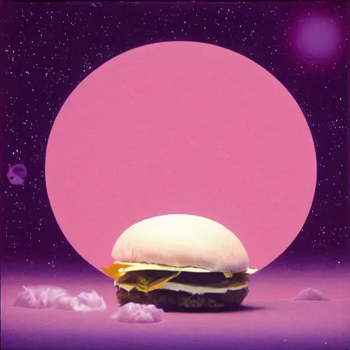 Prompt: 8 0 s new age album cover depicting a fluffy pink cloud in the shape of a hamburger, very peaceful mood