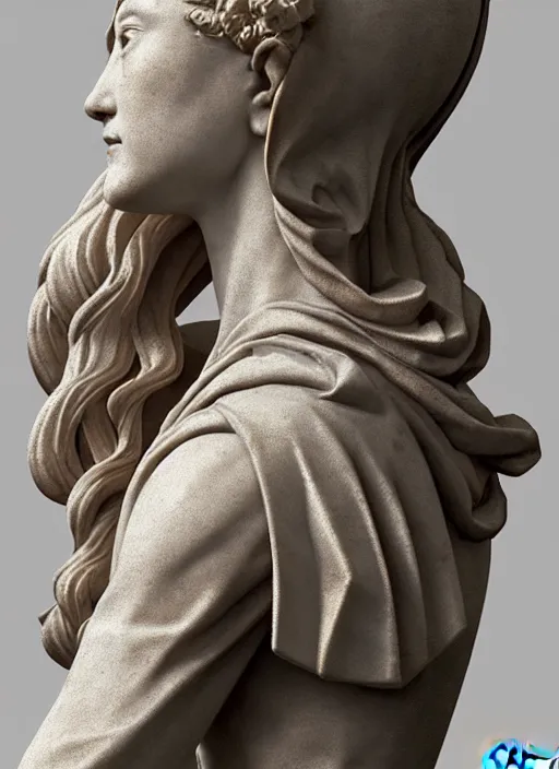 Image similar to a medieval female mercenary, elegant, filigree renaissance sculpture from marble, brilliant symmetry, created by verrocchio andrea, leonardo da vinci, sandro botticelli, raffaelle monti, epic 7 0 mm lens shot, artstation trending, photorealism, sharp focus, smooth, establishing shot, sense of awe