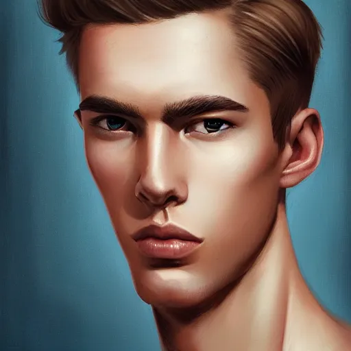 Image similar to man in his twenties with brown blond short quiff hair and thin slightly round facial structure with cleft chin, straight eyebrows, bumpy nose, good definition of cheekbones, Alert brown eyes, narrow face, slim body, atmospheric lighting, painted, intricate, 4k, highly detailed by Charlie Bowater