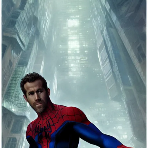 Image similar to ryan reynolds as a black and blue suit spider - man, cinematic, volumetric lighting, f 8 aperture, cinematic eastman 5 3 8 4 film, photorealistic by greg rutkowski, by stanley artgerm, by alphonse mucha