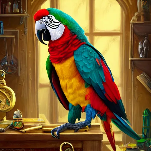 Image similar to A Anthropomorphized parrot trader in his shop, selling his wares, portrait, items, gold, carpet, window, sly expression, cunning expression, presenting wares, holding a gold bag, D&D, fantasy, cinematic lighting, highly detailed, digital painting, artstation, concept art, smooth, sharp focus, illustration, warm light, cozy warm tint, magic the gathering artwork, volumetric lighting, 8k, art by Akihiko Yoshida, Greg Rutkowski