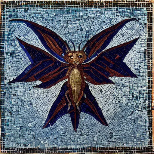 Image similar to medium shot Mosaic depicting a cute realistic adorable vampire bat, realistic wings, looking left, round blue background, from Italica, AD 176-275. Archaeological Museum, Seville. Byzantine mosaics, highly detailed, HQ, HD, beautiful, National Geographic,