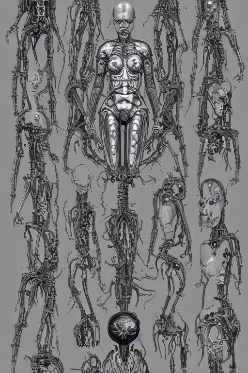 Prompt: cyborg medusa with gunmetal grey skin, medical anatomy, very symmetrical face, highly detailed, mecha, three - perspective / three - view reference sheet ( front / back / side ), in the style of dan ouellette, hr giger, sil from species, dren from splice, biomechanical, artstation, unreal engine