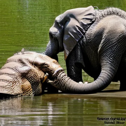 Prompt: alligator embracing elephant