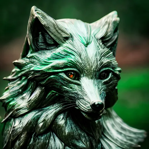 Prompt: Portrait photography of a cinematic Emerald fox sculpture