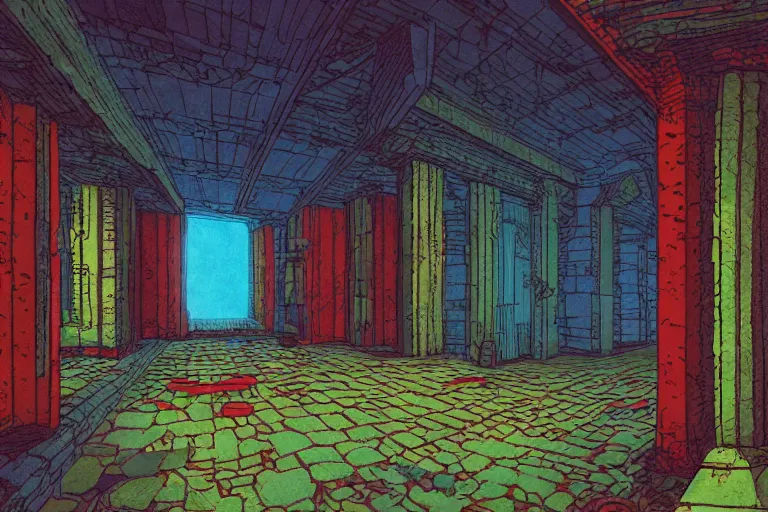 Prompt: ONE POINT PERSPECTIVE DUNGEON grounds ROOM, painted by Edward Gorey and Moebius and Greg Rutkowski and Paul Wenzel and George Barr and Stephen Youll,trending on artstation, iridescent cool blue and cyan and red and blue and yellow and green lighting front view fantasy, outrun , vibrant colors, Sabattier filter , Watercolor