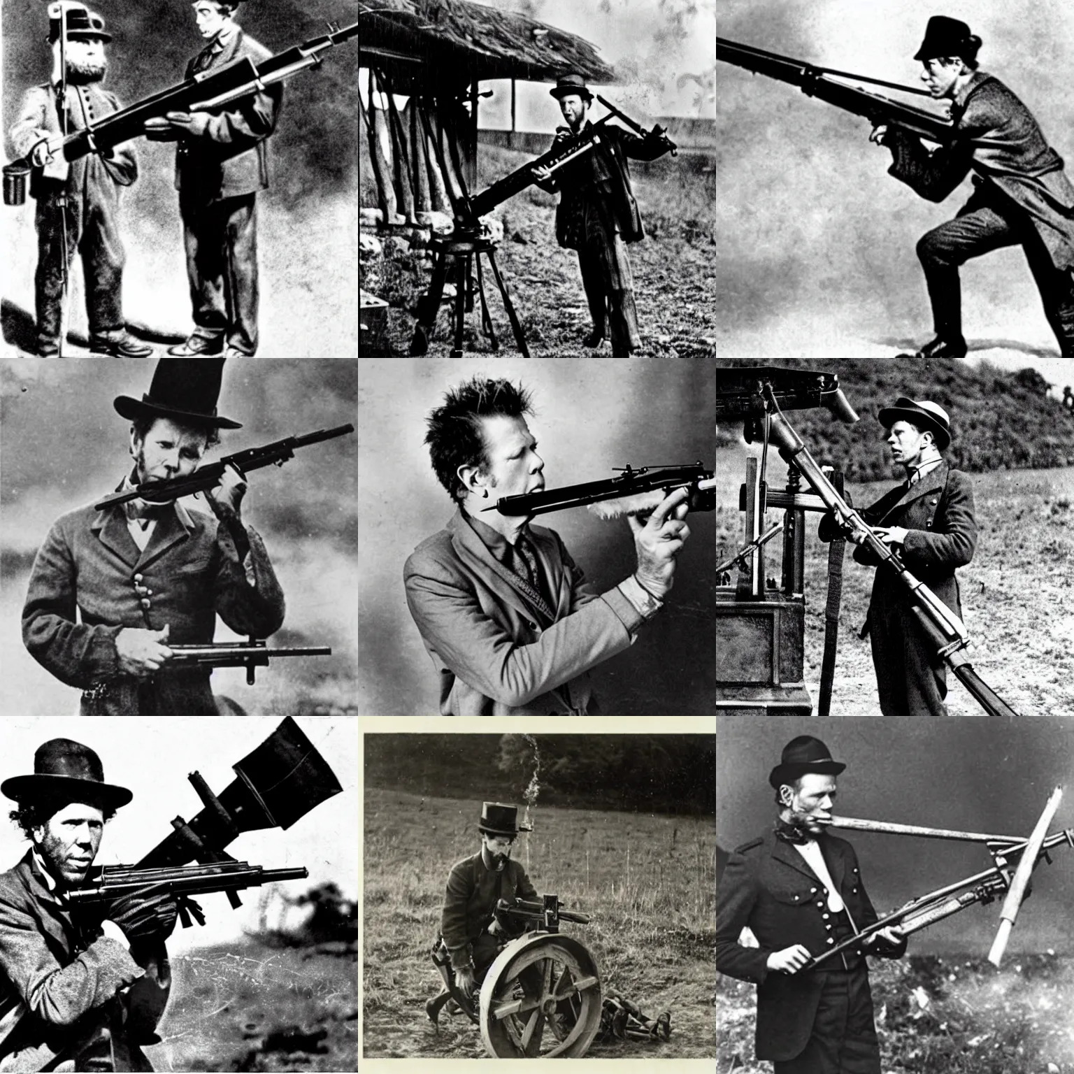 Prompt: historical photo of tom waits firing a maxim gun