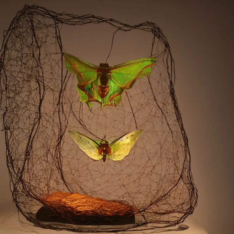 Image similar to hyperrealistic sculpture of a bronze fossilized luna moth crab in a large cage made of magenta nylon wire and beeswax on a pedestal by ron mueck and duane hanson and lee bontecou, hyperrealistic dramatic colored lighting trending on artstation 8 k