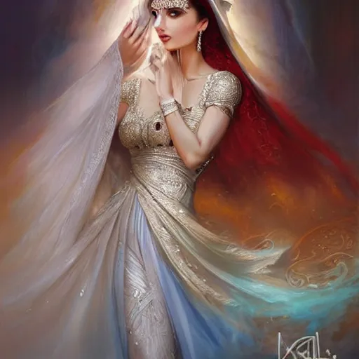 Image similar to a beautiful arabian woman wearing a wedding dress by karol bak, ayami kojima, artgerm, arabian beauty, blue eyes, smile, concept art, fantasy