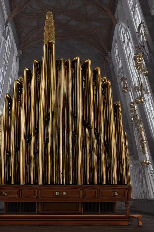 Prompt: a detailed render of an isolated lonely pipe organ in a church, with large golden pipes, trending on artstation, render, 3 d, octane, 4 k, 8 k, unreal engine, cinema 4 d