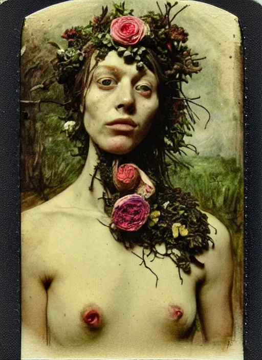 Image similar to beautiful and detailed rotten woman made of plants and many different types of flowers, muscles, intricate, organs, ornate, surreal, john constable, guy denning, gustave courbet, caravaggio, 1 9 1 0 polaroid photo