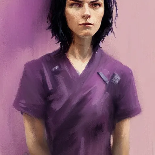 Image similar to portrait of a woman by greg rutkowski, she is about 3 0 years old, messy black bob hair, pale round face, tired eyes, she is wearing a purple nurse jumpsuit, highly detailed portrait, digital painting, artstation, concept art, smooth, sharp foccus ilustration, artstation hq