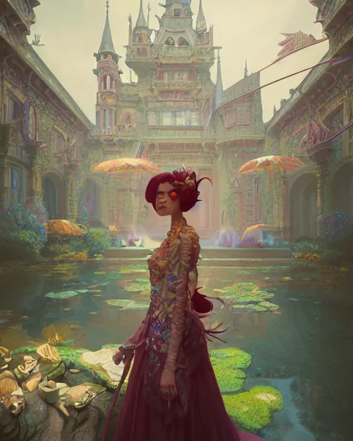 Image similar to highly detailed surreal vfx portrait of a female candypunk mage in a majestic castle by golden tree, stephen bliss, unreal engine, greg rutkowski, loish, rhads, beeple, makoto shinkai and lois van baarle, ilya kuvshinov, rossdraws, tom bagshaw, alphonse mucha, global illumination, detailed and intricate environment