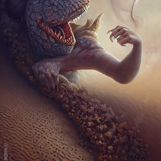 Prompt: a hyperrealistic illustration of a scaly monster covered in sand, sand flowing from the monsters body, desert with rocks with fractal sunlight, award-winning, masterpiece, in the style of Tom Bagshaw, Cedric Peyravernay, Peter Mohrbacher