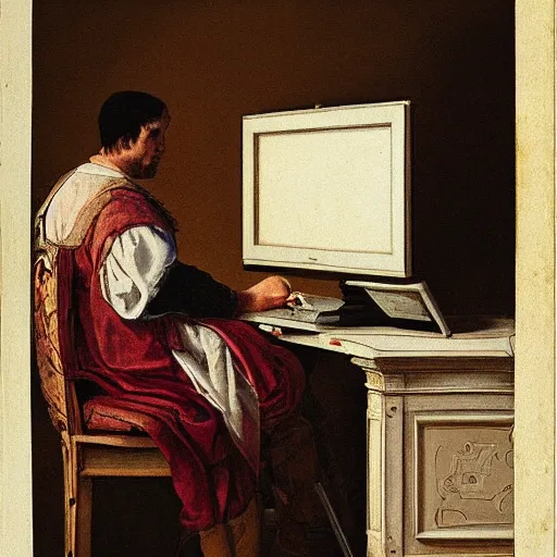 Prompt: painter drawing a computer, baroque