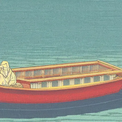 Prompt: a floating boat, in the middle of the ocean by Hasui Kawase